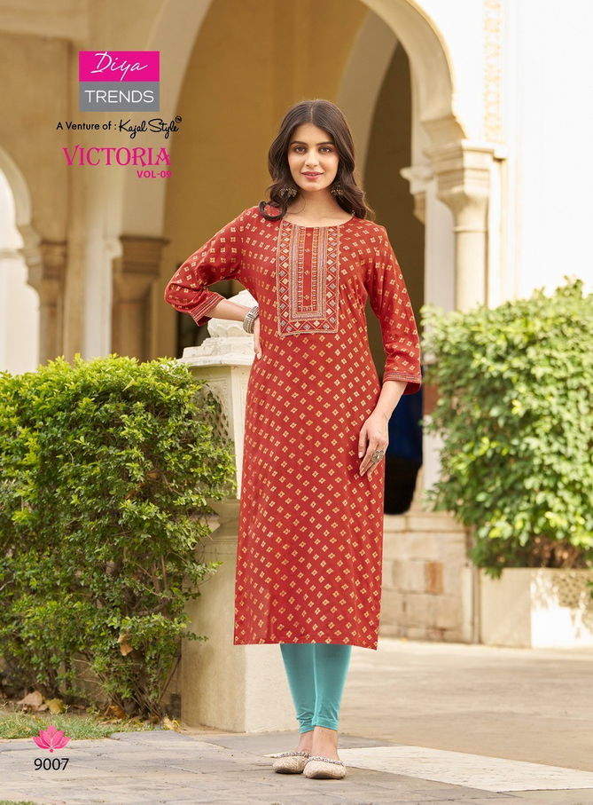 Victoria Vol 9 By Diya Rayon Foil Printed Kurtis Wholesale Shop In Surat
